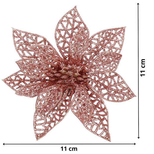 Gwiazda betlejemska, sztuczny kwiat, poinsecja ażurowa, różowa z brokatem na klipsie