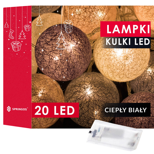 Lampki dekoracyjne cotton balls 20 LED 20 kul różowe szare