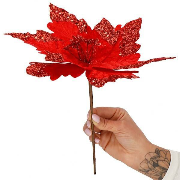 Gwiazda betlejemska, sztuczny kwiat poinsecja 28 cm czerwona z brokatem