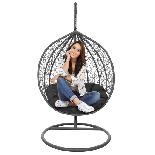 Kokon ogrodowy rattanowy z poduszkami fotel wiszący bujak huśtawka na metalowym stelażu szara