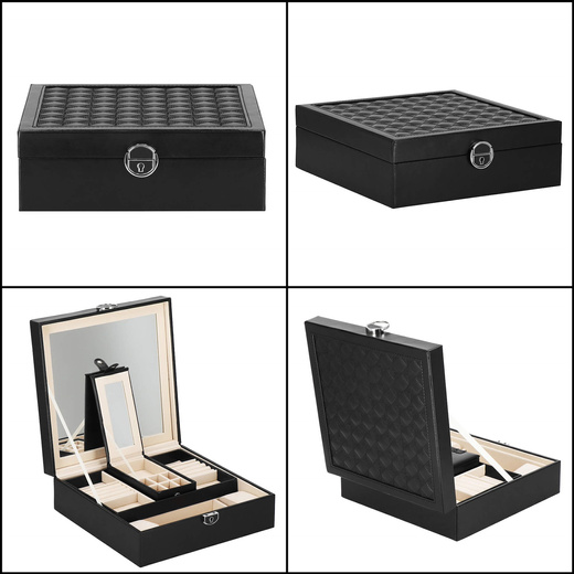 Szkatułka na biżuterię ekoskóra 25 x 25 x 8,5 cm czarny organizer z przegródkami i lusterkiem
