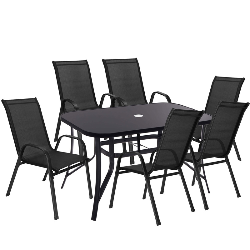 Meble ogrodowe 6 krzeseł, stół ze szkłem hartowanym zestaw na taras czarny