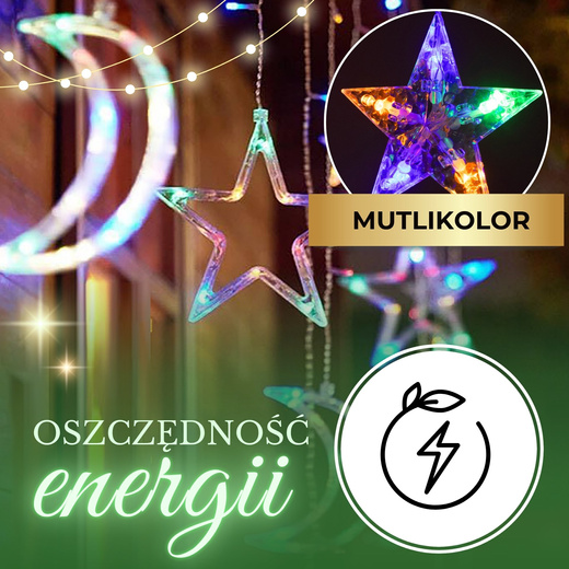 Kurtyna świetlna 138 Led girlanda gwiazdki księżyce lampki sople multikolor