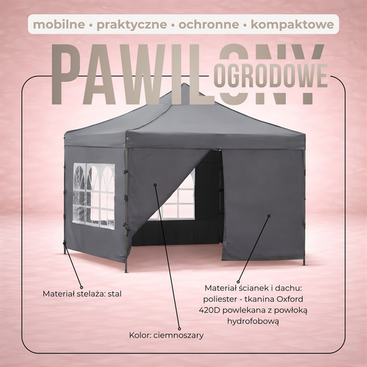 Namiot handlowy 3x3 m ogrodowy pawilon targowy ekspresowy na imprezy, catering ciemnoszary