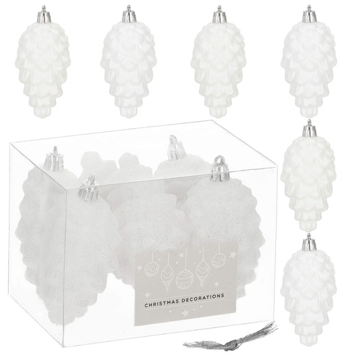 Zawieszki choinkowe szyszki 6 szt. ozdoby świąteczne 9,5 cm bombki biały brokat