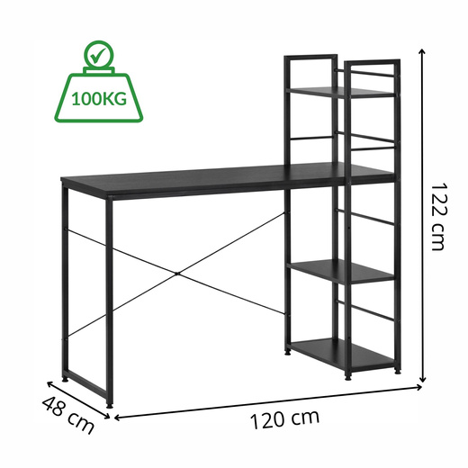 Biurko komputerowe z regałem nowoczesne, stolik loft 120x48x122 cm czarne