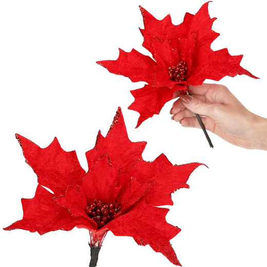 Gwiazda betlejemska, sztuczny kwiat, poinsecja czerwona z brokatem