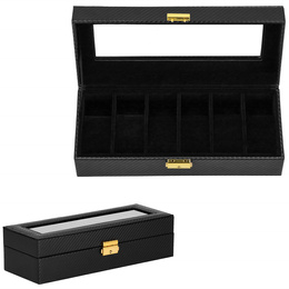 Szkatułka na zegarki 30x11x8 cm czarna ekoskóra organizer z 6 przegródkami