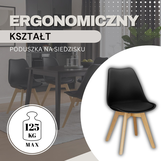 Krzesło skandynawskie do kuchni salonu jadalni Verde tapicerowana poduszka czarne