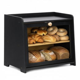 Chlebak bambusowy duży zamykany dwupoziomowy z okienkiem szafka na pieczywo czarna