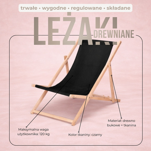Leżak ogrodowy, drewniany z 3-stopniową regulacją, plażowy, balkonowy, czarny