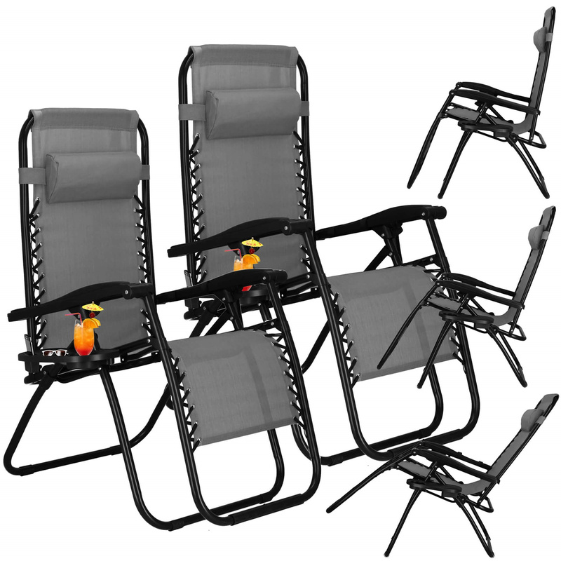 Leżak ogrodowy grawitacyjny z zagłówkiem szary zestaw 2 szt