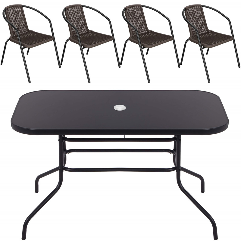 Meble ogrodowe metalowe zestaw stół 140x80 cm i 4 krzesła na taras balkon czarno-brązowe