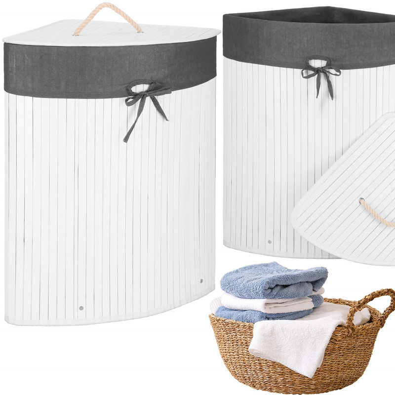Pojemnik na pranie 60L narożny biały kosz z klapą bambus naturalny