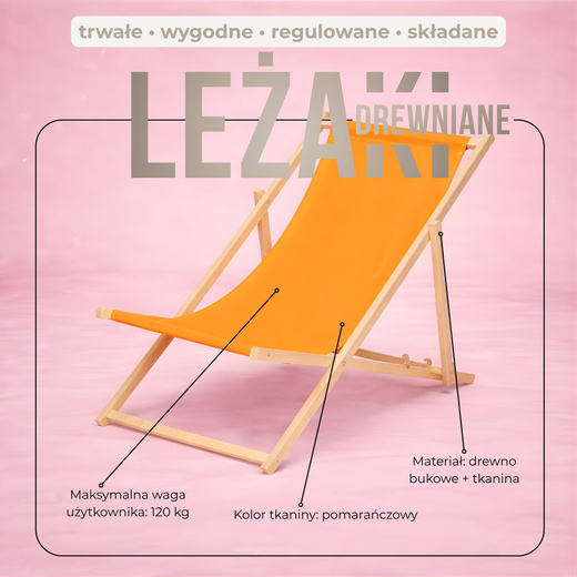 Leżak ogrodowy, drewniany z 3-stopniową regulacją, plażowy, balkonowy, pomarańczowy