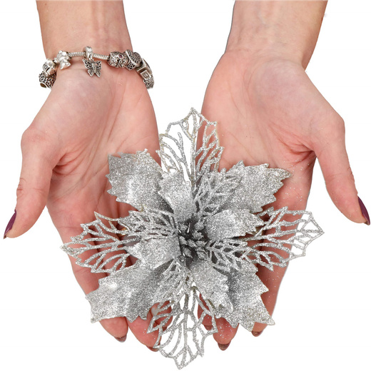 Gwiazda betlejemska, sztuczny kwiat, poinsecja ażurowa srebrna z brokatem