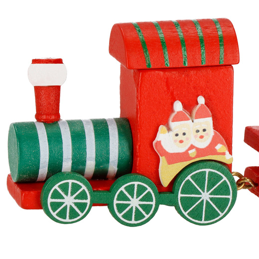 Drewniany pociąg z wagonikami, dekoracja, ozdoba świąteczna, wystrój wnętrz