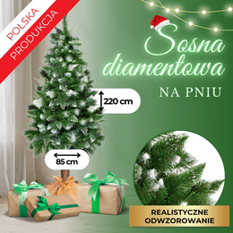 Choinka na pniu 220 cm sztuczna sosna diamentowa ośnieżona