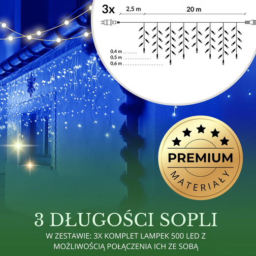 Kurtyna świetlna 1500 led girlanda, lampki wewnętrzno-zewnętrzne sople niebieski