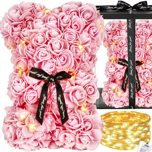 Miś z płatków róż różowy 22 cm rose bear z lampkami LED biały ciepły