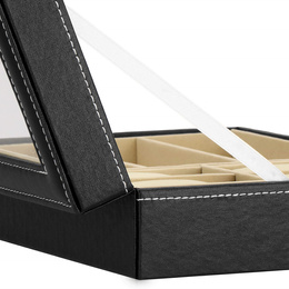 Szkatułka na zegarki 30x20x8cm czarno-kremowy, ekoskóra organizer z przegródkami i lusterkiem