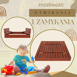 Piaskownica zamykana z ławkami 140x140 cm drewno impregnowane, z włókniną i plandeką, kasztanowy brąz