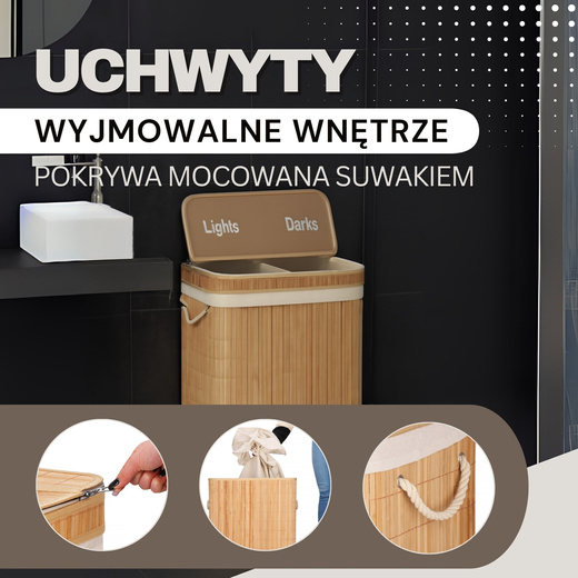 Kosz na pranie 100l z pokrywą bambusowy, dwukomorowy jasnobrązowy