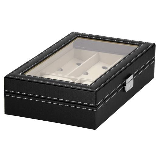 Szkatułka na zegarki 30x20x8cm czarno-kremowy, ekoskóra organizer z przegródkami i lusterkiem