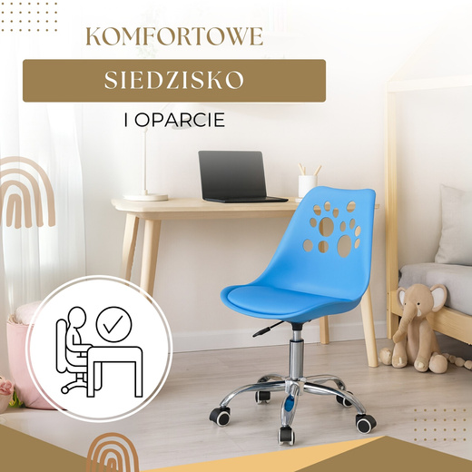Fotel dziecięcy do biurka, obrotowe krzesło na kółkach regulowane dla dzieci do nauki, niebieskie