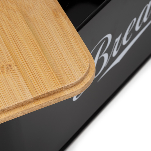 Chlebak metalowy, zamykany z bambusową deską, pojemnik na pieczywo, czarny