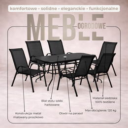 Meble ogrodowe, metalowe zestaw dla 6 osób stół 140 cm szkło hartowane i 6 krzeseł czarne