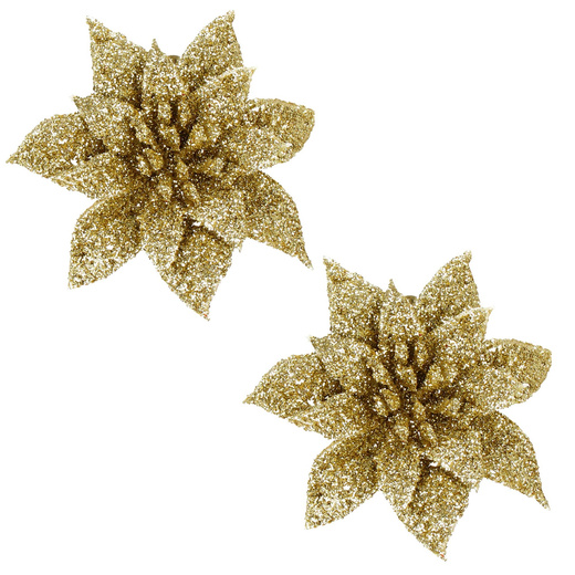 Gwiazda betlejemska 2 szt. sztuczny kwiat, poinsecja złota z brokatem, na klipsie