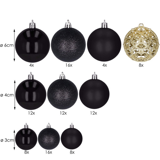 Bombki choinkowe 100 szt. ozdoby świąteczne zestaw mix rozmiarów czarne