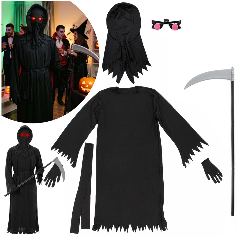 Przebranie na Halloween 146/152 cm strój śmierć, żniwiarz, kostium kostuchy, kosa, okulary LED