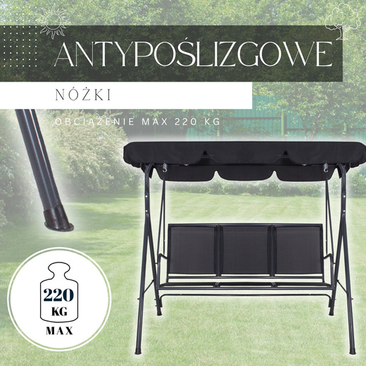 Huśtawka ogrodowa 3 osobowa fiona stalowa do 220 kg z regulowanym daszkiem i poduszkami