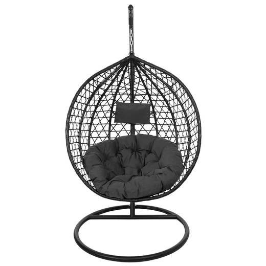 Kokon ogrodowy rattanowy z poduszkami fotel wiszący bujak huśtawka na metalowym stelażu czarna
