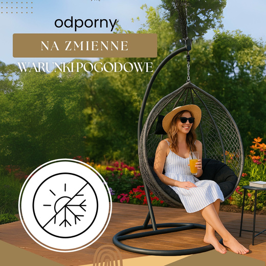 Kokon ogrodowy rattanowy z poduszkami fotel wiszący bujak huśtawka na metalowym stelażu szara