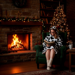 Kocobluza damska oversize koc bluza 2w1 z kapturem ciepła szlafrok futrzak czarno-biały