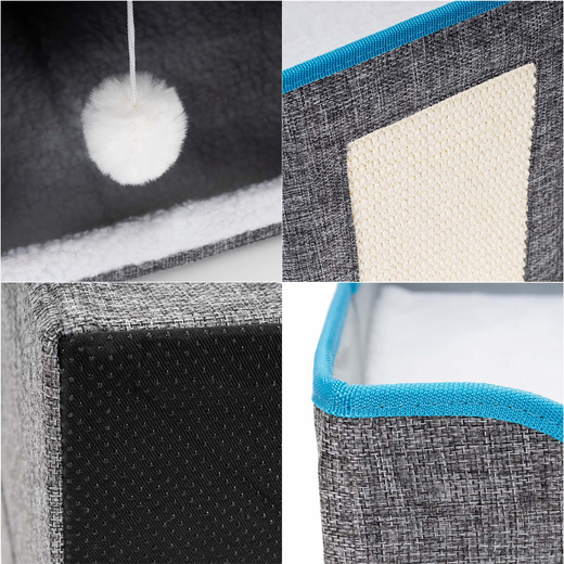 Legowisko dla kota z zabawką i drapakiem 42x41x34 cm koci domek, posłanie szare