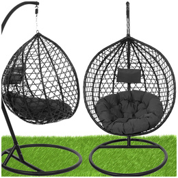 Kokon ogrodowy rattanowy z poduszkami fotel wiszący bujak huśtawka na metalowym stelażu czarna