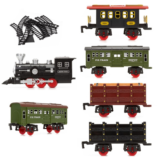 Pociąg z wagonami dla dzieci z mgiełką i dźwiękami, lokomotywa parowa z torami na baterie