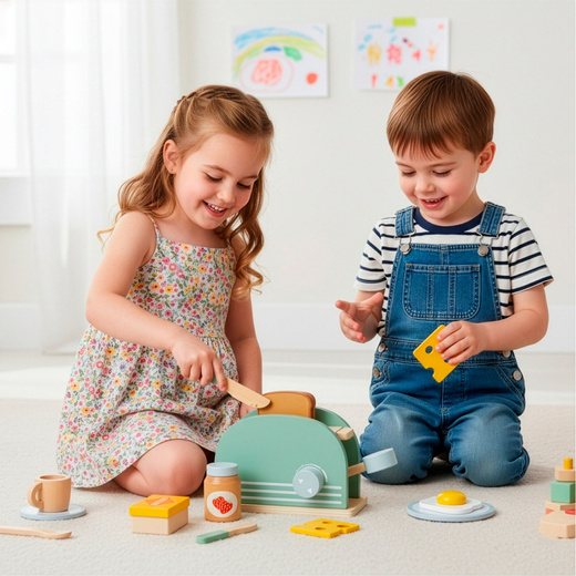 Toster zabawka drewniana dla dzieci, jajko, tost zestaw śniadaniowy 9 el. multikolor