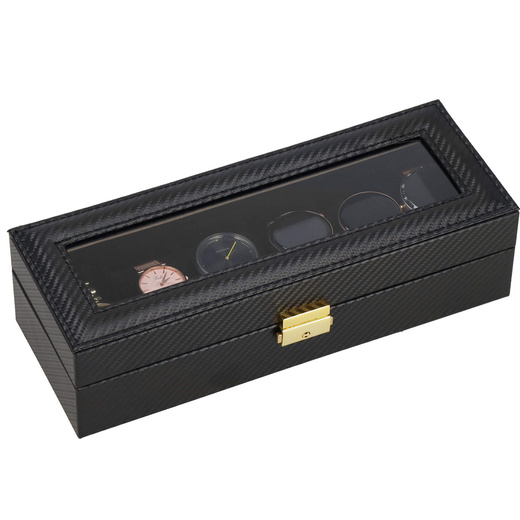 Szkatułka na zegarki 30x11x8 cm czarna ekoskóra organizer z 6 przegródkami