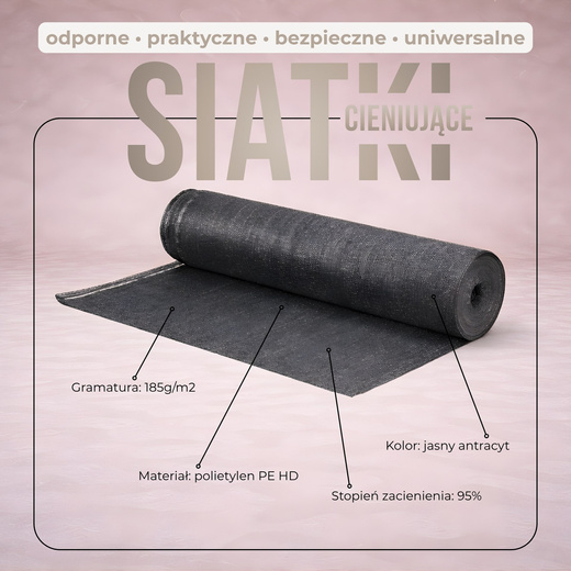 Siatka cieniująca 95% osłonowa 1,7x10 m 185g/m2 50 szt. opasek zaciskowych jasny antracyt