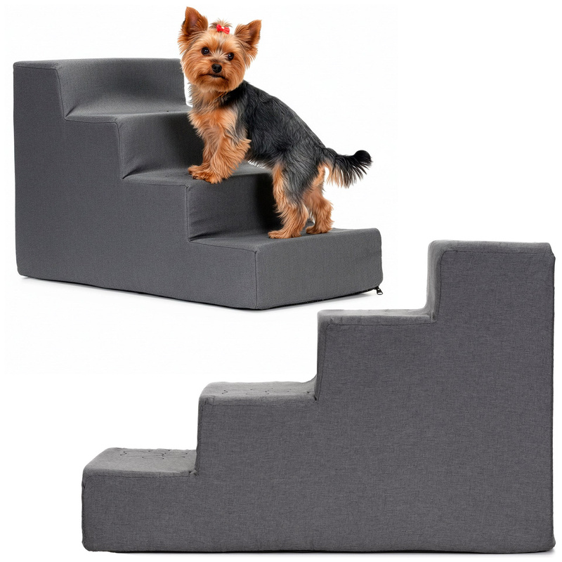 Schodki dla psa do łóżka 40 cm podest, rampa 4-stopniowa, miękkie schody ciemnoszare