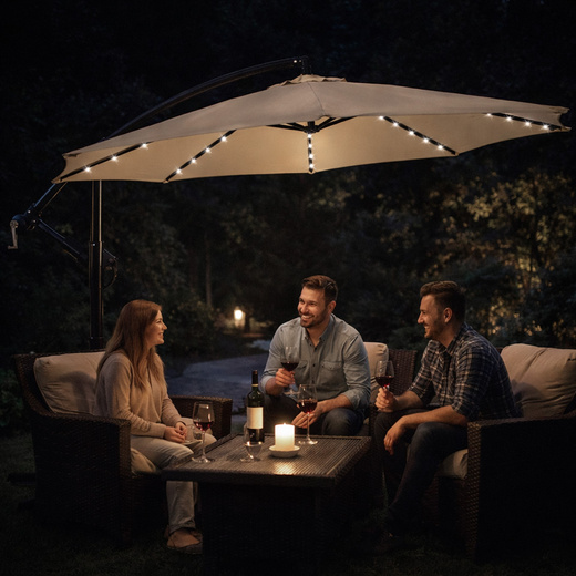 Parasol ogrodowy z oświetleniem led na wysięgniku 300 cm składany na balkon, taras ecru 