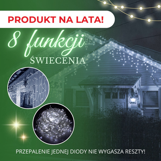 Kurtyna świetlna 1500 led girlanda, lampki wewnętrzno-zewnętrzne sople zimny biały