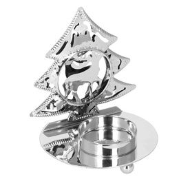 Świecznik świąteczny metalowy choinka z podstawką na świeczkę srebrna