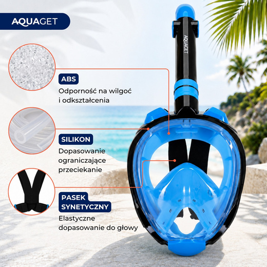 Maska z rurką do nurkowania, snorkelingu L/XL pełnotwarzowa, AntiFog, uchwyt na kamerę