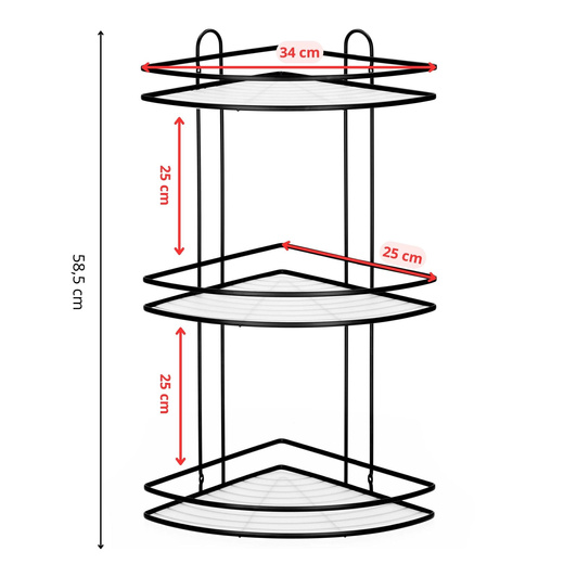Półka łazienkowa narożna pod prysznic 3 poziomy, wisząca, czarna